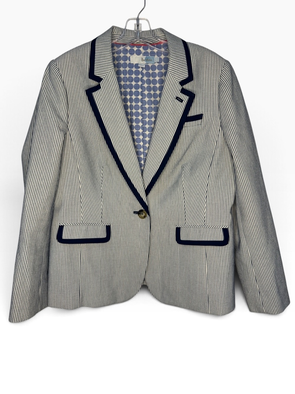 Boden Navy Trim Cream Pinstripe Seersucker Blazer size 12
